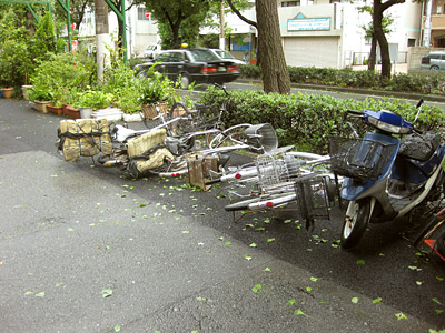 自転車もまとめて倒れる